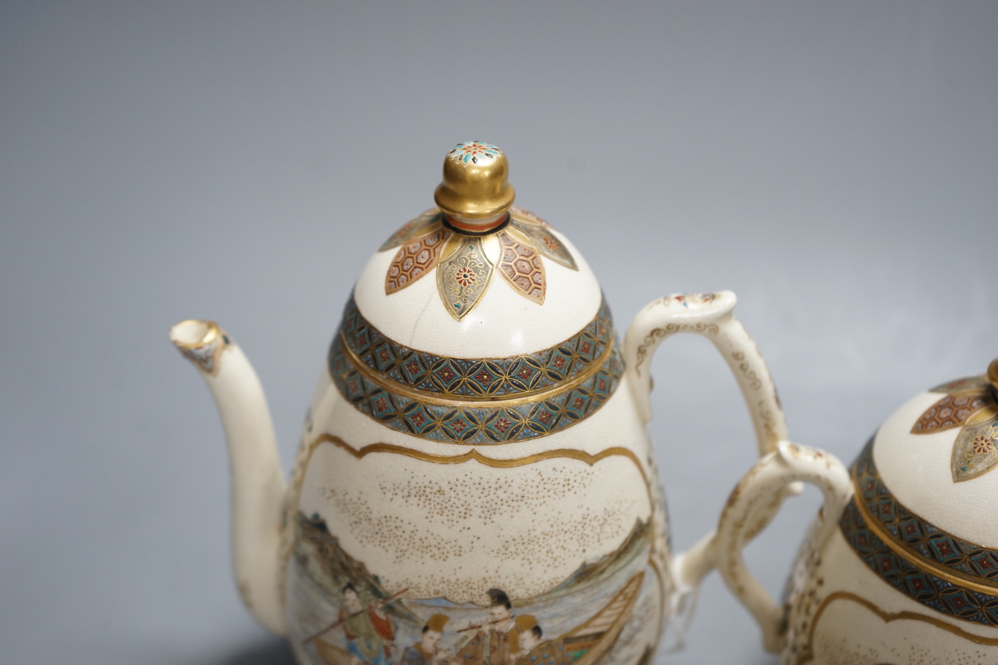 A three piece Japanese Satsuma pottery part tea set, Meiji period